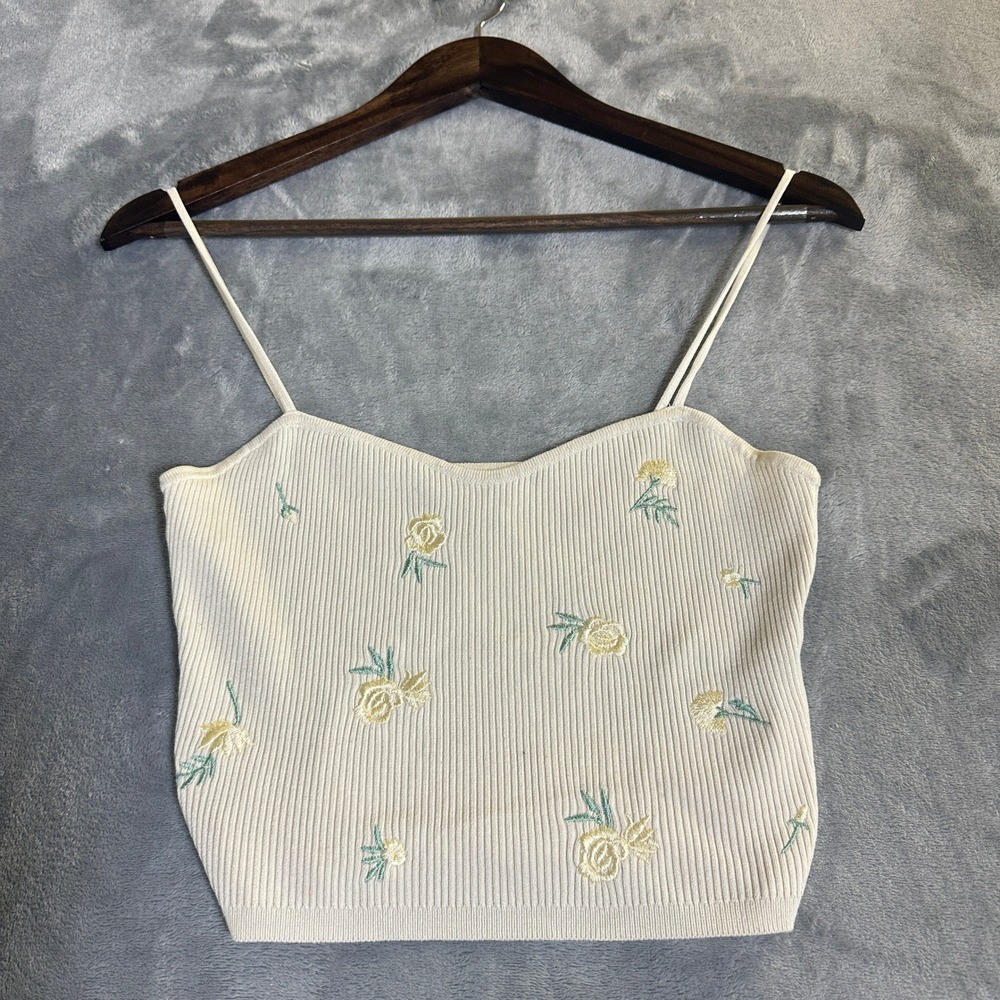 Y2K Knit Embroidered Crop Camisole Small Spaghetti Strap